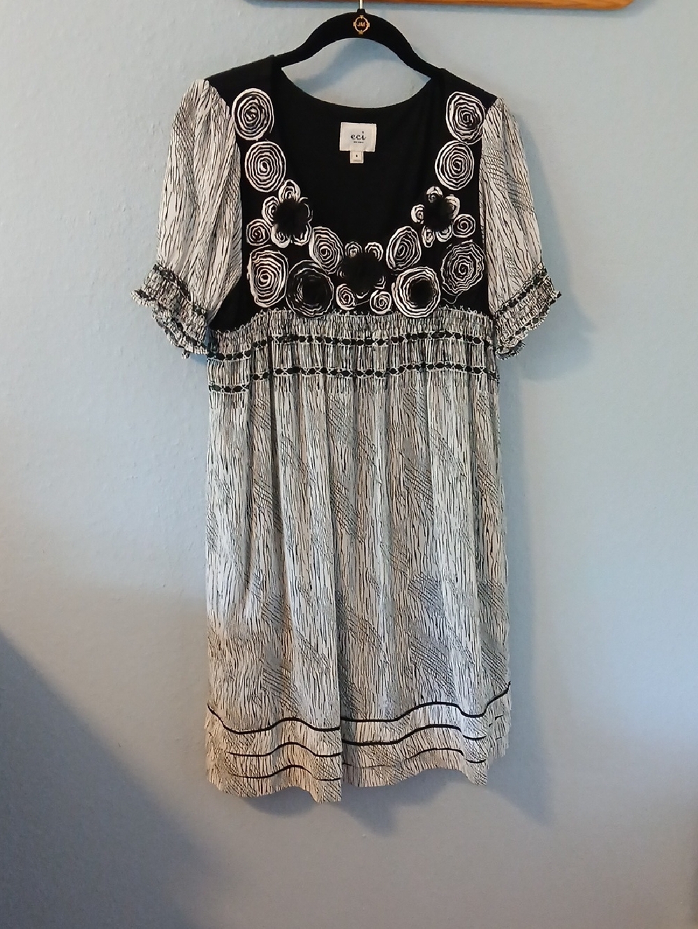 ECI Black and White Embroidered Floral Midi Dress
